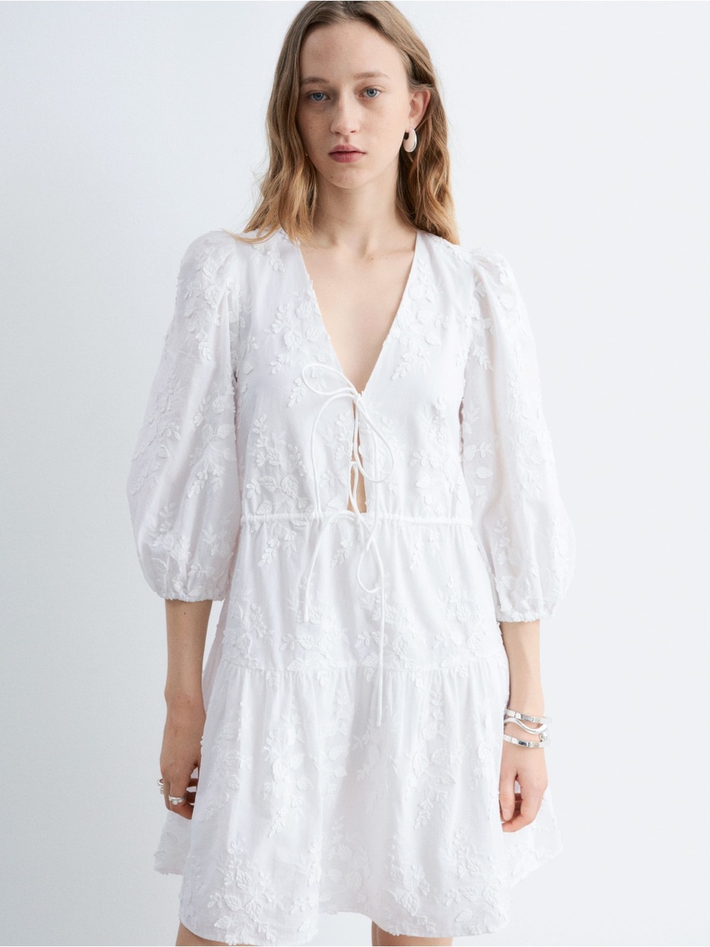 & Other Stories Paris Atelier White Embroidered Tie Front Mini Floral Appliqué 4 - Picture 11 of 16